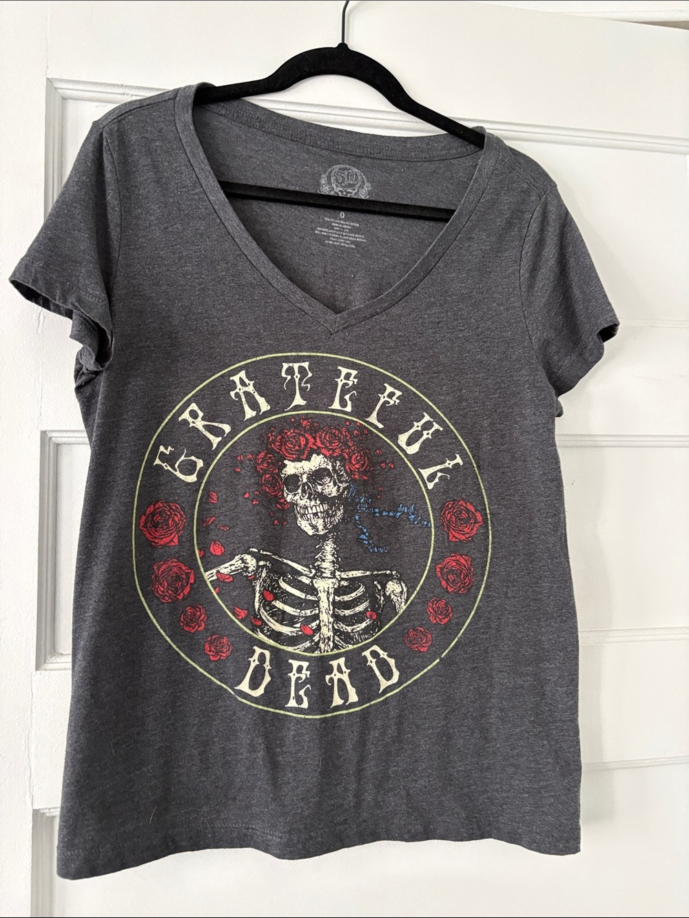Grateful Dead Women's Charcoal V-Neck Tee with Red Rose Skeleton Graphic